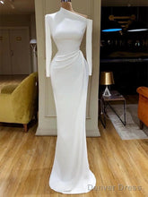 Simple Long Sleeves White Mermaid Satin Wedding Dress,